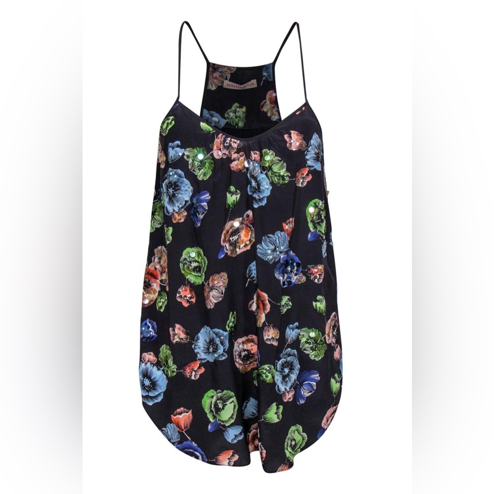 Rebecca Taylor Black Multicolor Floral Sequin Silk Tank Top size 6 EUC - Picture 1 of 8